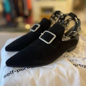 Robert Clergerie x Self-Portrait Black Suede Buckle Slingback Flats (Size 36)